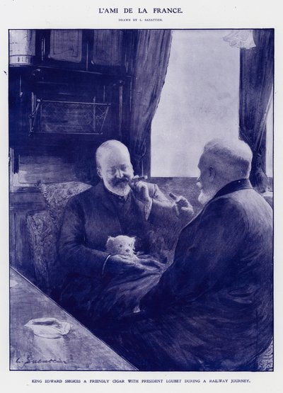 Koning Edward VII op een treinreis met president Emile Loubet van Frankrijk (litho) door Louis Remy Sabattier