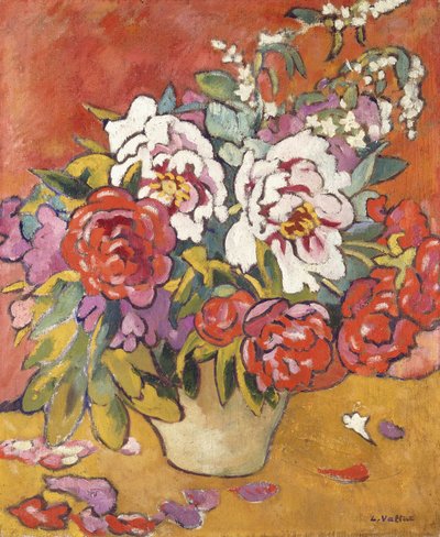 Pioenen in een kan tegen een rode achtergrond, c.1918 door Louis Valtat