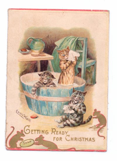 Victoriaanse kerstkaart van twee katten in een badkuip terwijl twee muizen met een stuk zeep spelen, ca. 1880 door Louis Wain