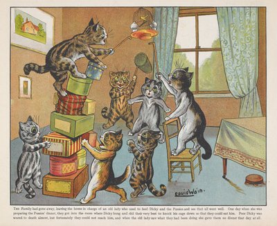Katten spelen met dozen in een kamer door Louis Wain