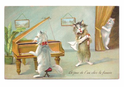 Edwardiaanse ansichtkaart van een kat die piano speelt en de andere zingt terwijl een derde gluurt, ca. 1910 door Louis Wain