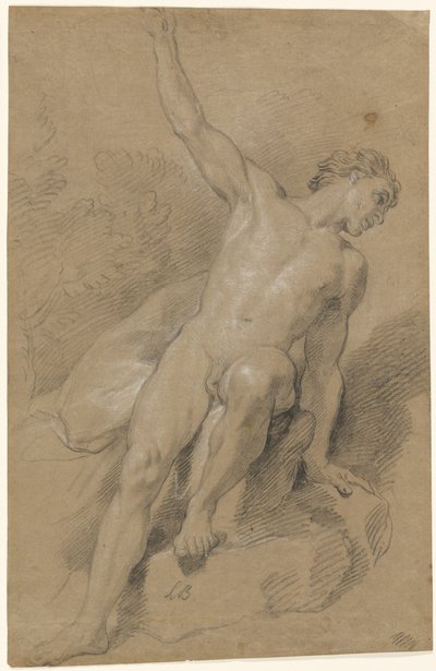 Mannelijke naakt zittend op rotsen door Louis de Boullogne the Younger