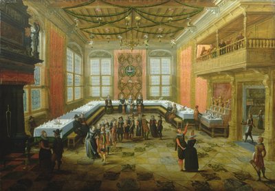 Elegante figuren die samenkomen in een banketzaal door Louis de Caullery