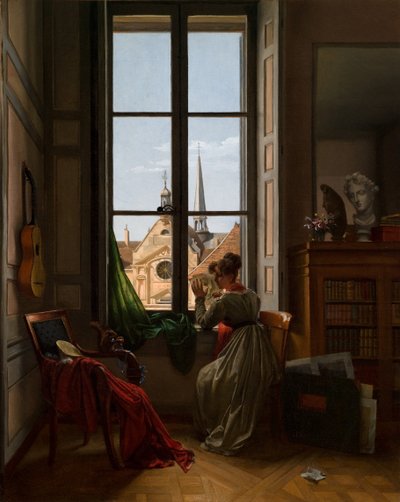 Interieur met jonge vrouw die een bloem overtrekt, ca. 1820-22 (olieverf op doek) door Louise Adeone Droelling