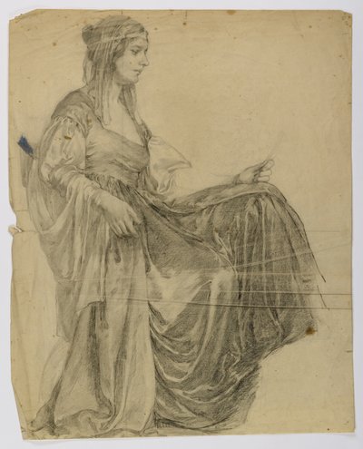 Zonder titel (Zittende gedrapeerde vrouwenfiguur, profiel) door Louise Cox