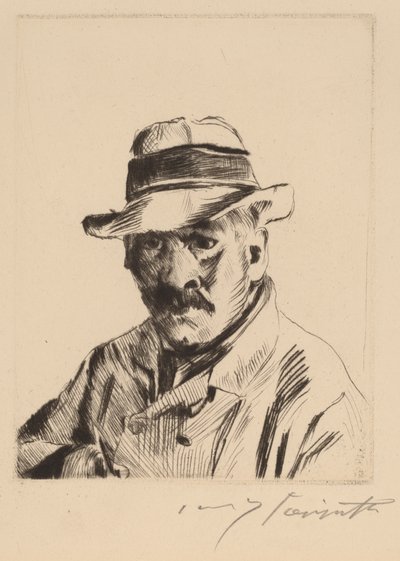 Zelfportret met strohoed, als borstbeeld, 1913 door Lovis Corinth