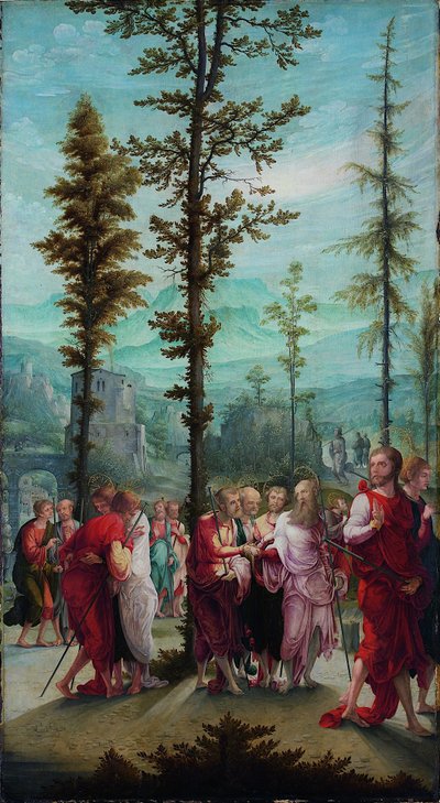 Christus neemt afscheid van de apostelen door Lower Rhenish pupil of Wolf Huber