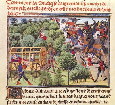 Ms 5072 f.6v Hoe de hertogin van Aigremont twee zonen baarde en ze in hetzelfde uur verloor in een bos, uit de Renaud de Montauban-cyclus door Loyset Liedet
