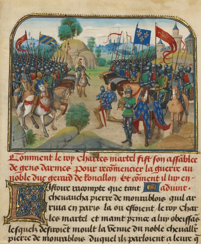 De legers van Frankrijk en Bourgondië met Martel in Gebed door Loyset Liedet