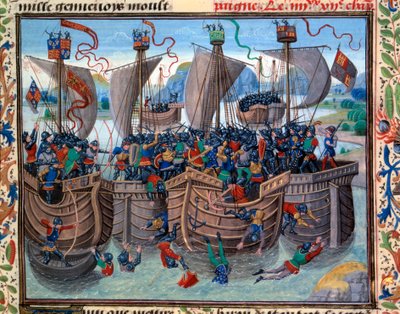 Uitzicht op de Slag bij Guernsey tussen Franse en Engelse troepen onder leiding van Robert d