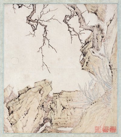Narcissus, Pruimenboom en Landschap (inkt & kleur op papier) door Lu Zhi