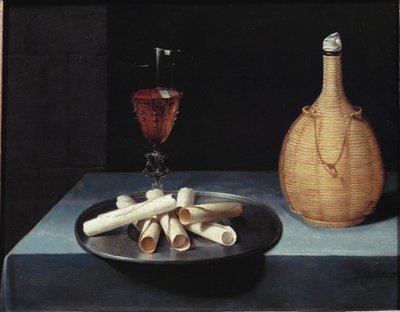 Het stilleven wafel dessert van koekjes, wijnfles en glas door Lubin Baugin