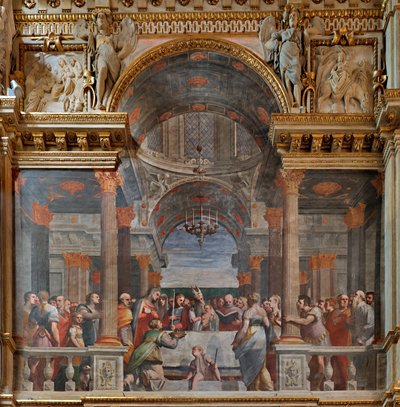 Genua, Duomo (Sint-Laurenskathedraal), binnen, de Lercari-kapel of de Kapel van het Heilig Sacrament (noordelijke apsis), noordzijde: "De presentatie in de tempel", fresco door Luca Cambiaso door Luca Cambiaso