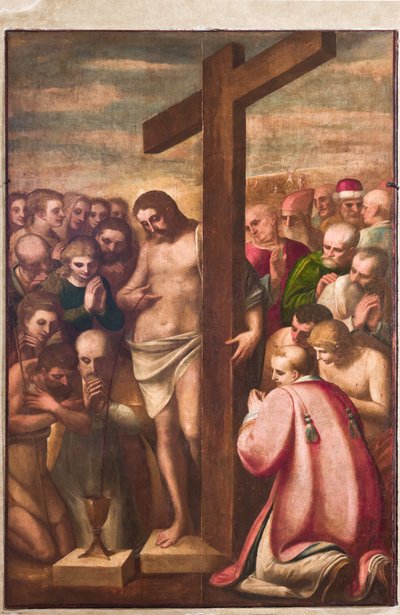 Genua, Duomo (Sint-Laurenskathedraal), sacristie, kapel: "Eucharistische Christus aanbeden door heiligen", door Luca Cambiaso, circa 1580 door Luca Cambiaso