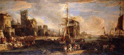 Een capriccio van een mediterrane haven met Oostenrijkse schepen, kooplieden en zeelieden op de kade, een compagnie militie bij de Boog van Constantijn en Castel Sant