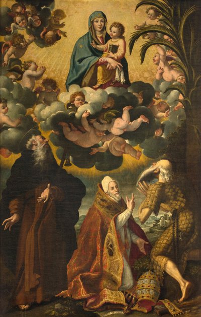 Altaar van Sint Antonius, Madonna en Kind met Heiligen Antonius Abt Paul Hermiet en Paus Gregorius XIV, Luke Cattapane 1593 door Luca Cattapane