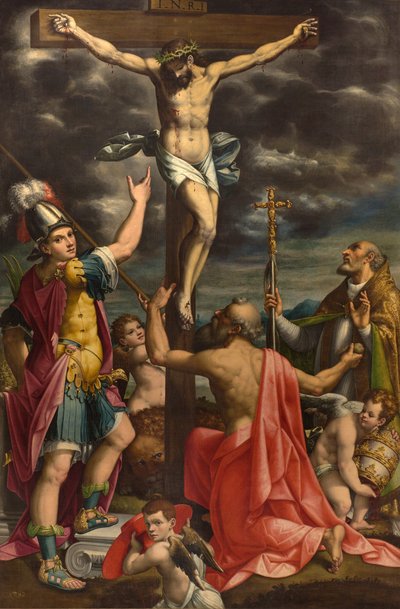 Altaar van San Fermo, Kruisiging met Heiligen Fermo Jerome en Paus Gregorius XIV, Luca Cattapane 1593 door Luca Cattapane