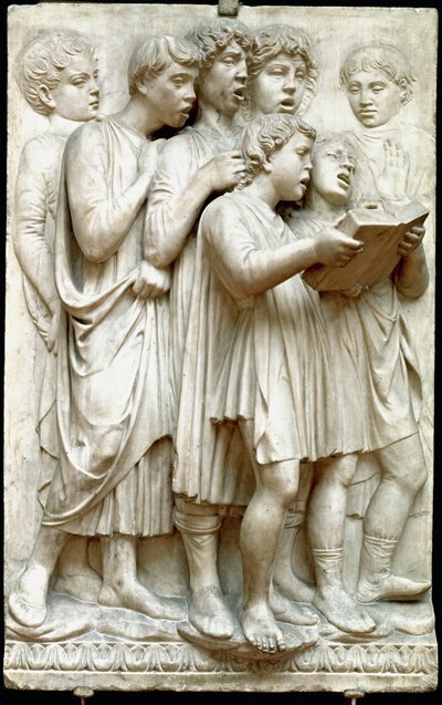 La cantoria of zingende kinderen in koor - Marmeren reliëf (Hoogte 348 cm), door Luca della Robbia (c.1400-1482) door Luca Della Robbia