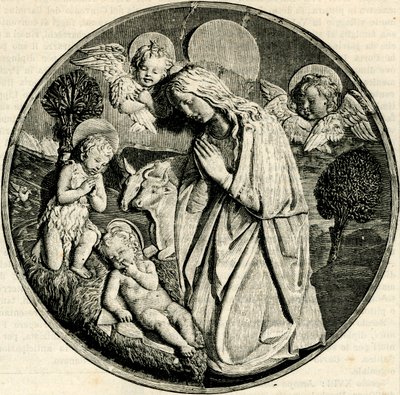 Madonna in aanbidding van het Kind met de jonge Johannes de Doper en cherubijnen, door Luca della Robbia (1399/1400-1482), Prato, Toscane, Italië, houtsnede uit Le cento città d