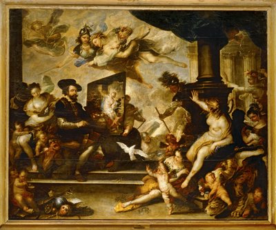 Rubens aan het schilderen: De Allegorie van de Vrede ... (schilderij op doek) door Luca Giordano