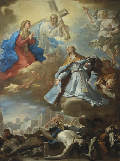 Sint Januarius die bij de Maagd Maria, Christus en God de Vader pleit voor slachtoffers van de pest door Luca Giordano
