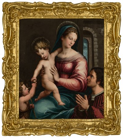 De Madonna en Kind met de jonge Sint Jan de Doper en een schenker door Luca Penni
