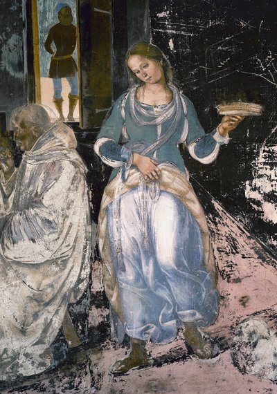 Benedictus vertelt twee monniken wanneer en waar ze buiten het klooster hebben gegeten, scène uit het leven van St. Benedictus door Luca Signorelli