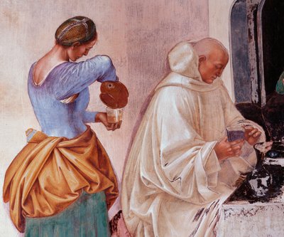 Benedictus vertelde de monniken waar en wanneer ze buiten het klooster aten (detail) door Luca Signorelli