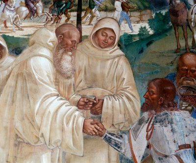 Benedictus verwelkomt Totila die zich kwam verontschuldigen (detail) door Luca Signorelli
