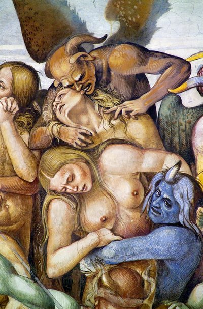Verdoemden in de hel, detail met zelfportret van Luca Signorelli als blauwe demon door Luca Signorelli