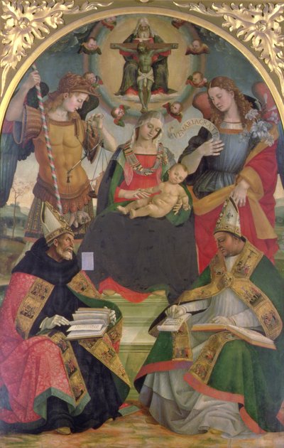 De Drie-eenheid, Madonna en Kind, Engelen en Heiligen, c.1505-08 door Luca Signorelli
