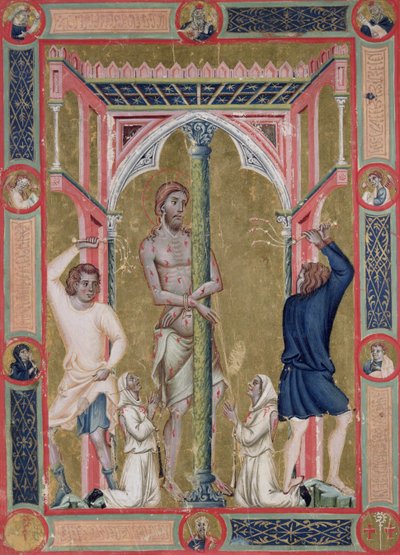 De geseling van Christus, uit de Mariegola de la Scuola di San Giovanni Evangelista de Venise door Luca di Paolo Veneziano
