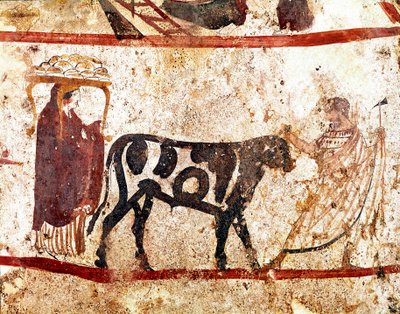 Een stier leidt naar het altaar van het offer. Lucanisch fresco uit de 4e eeuw v.Chr., uit de necropolis van Andriuolo in Paestum, Italië. Museo nazionale archeologico, Paestum door Lucanian School