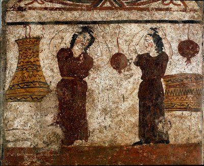 Een groep dansers tijdens een begrafenisritueel Lucaanse fresco uit de 4e eeuw v.Chr., afkomstig uit de necropolis van Paestum, Italië. Museo nazionale archeologico, Paestum door Lucanian School