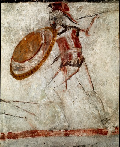 Een krijger met een speer en een schild Lucaanse fresco uit de 4e eeuw v.Chr., uit het graf van de Ruiter, site van Paestum, Italië. Museo nazionale archeologico, Paestum door Lucanian School