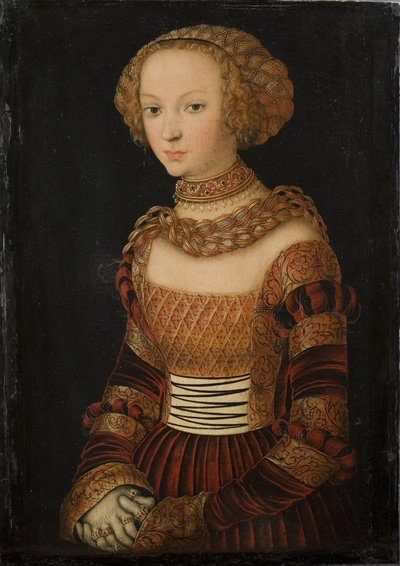 Portret van een jonge vrouw. Prinses Emily van Saksen? door Lucas Cranach d.Æ.