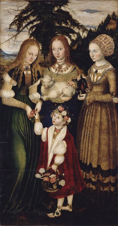 Altaarstuk met het martelaarschap van Sint Catharina, linker vleugel: De heiligen Dorothea, Agnes en Cunigund door Lucas Cranach the Elder