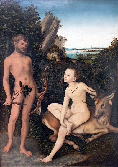 Duits: Landschaft mit Apoll und Diana Apollo en Diana in bosrijk landschap door Lucas Cranach the Elder