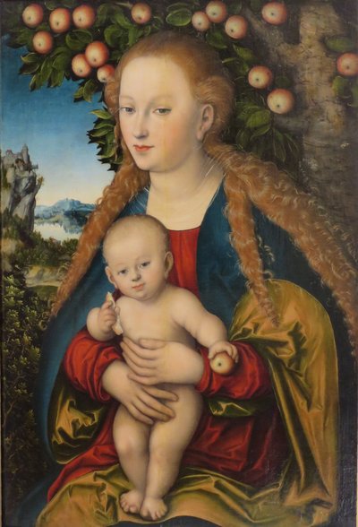 Duits: Madonna und Kind unter dem Apfelbaum Madonna en kind onder de appelboom / De maagd en het kind onder een appelboom door Lucas Cranach the Elder