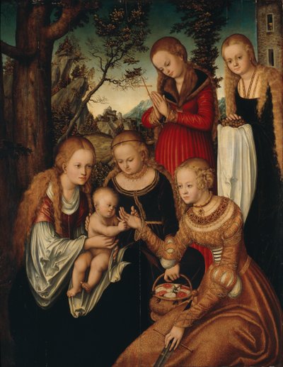 Duits: Maria mit dem Jesusknaben und den Heiligen Katharina, Dorothea, Margaretha und Barbara (Sogenannte 