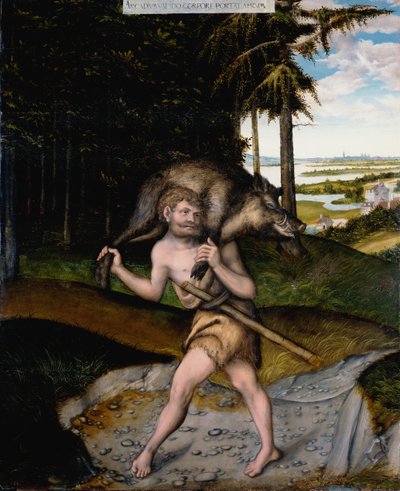 Herakles en het Erymanthische Zwijn Uit De Werken van Hercules door Lucas Cranach the Elder