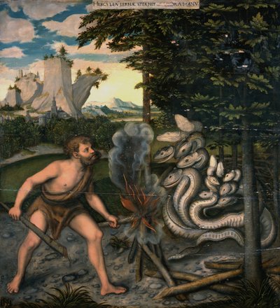 Hercules en de Lernaeaanse Hydra Uit De Werken van Hercules door Lucas Cranach the Elder