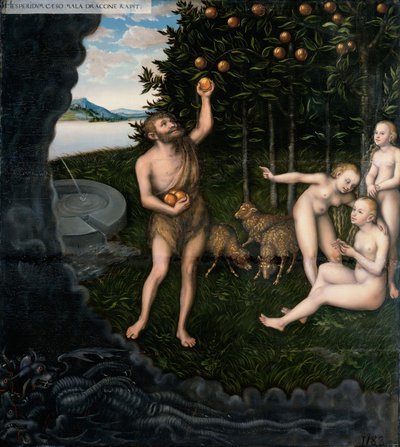 Hercules steelt de appels van de Hesperiden uit De werken van Hercules door Lucas Cranach the Elder
