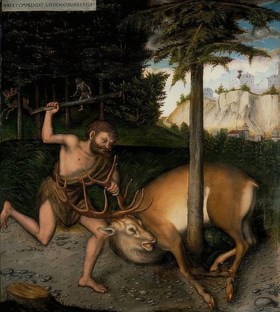 Hercules en de kerynitische hinde. Uit de serie van de daden van Hercules. Na 1537 door Lucas Cranach the Elder