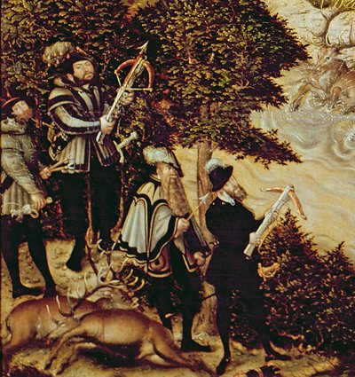 Johann Friedrich de Grootmoedige, keurvorst van Saksen en keizer Karel V die herten jagen nabij Hartenfels Kasteel, Torgau, 1544 (detail) door Lucas Cranach the Elder