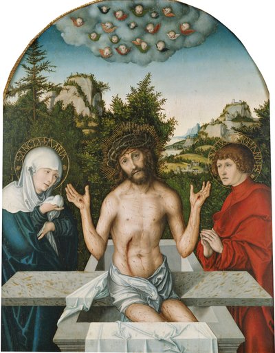 Pfirtscher altaarstuk: Christus als Man van Smarten, gezeten op een sarcofaag tussen de Maagd en Johannes [middenpaneel] door Lucas Cranach the Elder