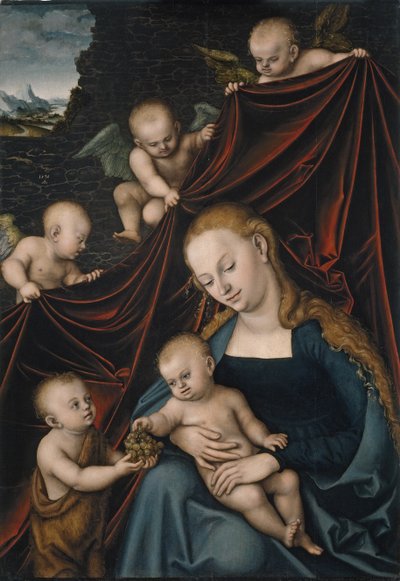 De Maagd en het Kind met Sint Jan en engelen door Lucas Cranach the Elder