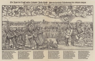 Frederik III, keurvorst van Saksen en Maarten Luther getuigen de doop van Christus (gravure) door Lucas the Elder (after) Cranach