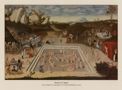 De Fontein van de Jeugd (kleur litho) door Lucas the Elder (after) Cranach