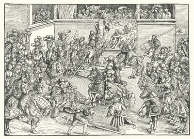 Het toernooi met het wandtapijt van Simson en de leeuw (gravure) door Lucas the Elder (after) Cranach